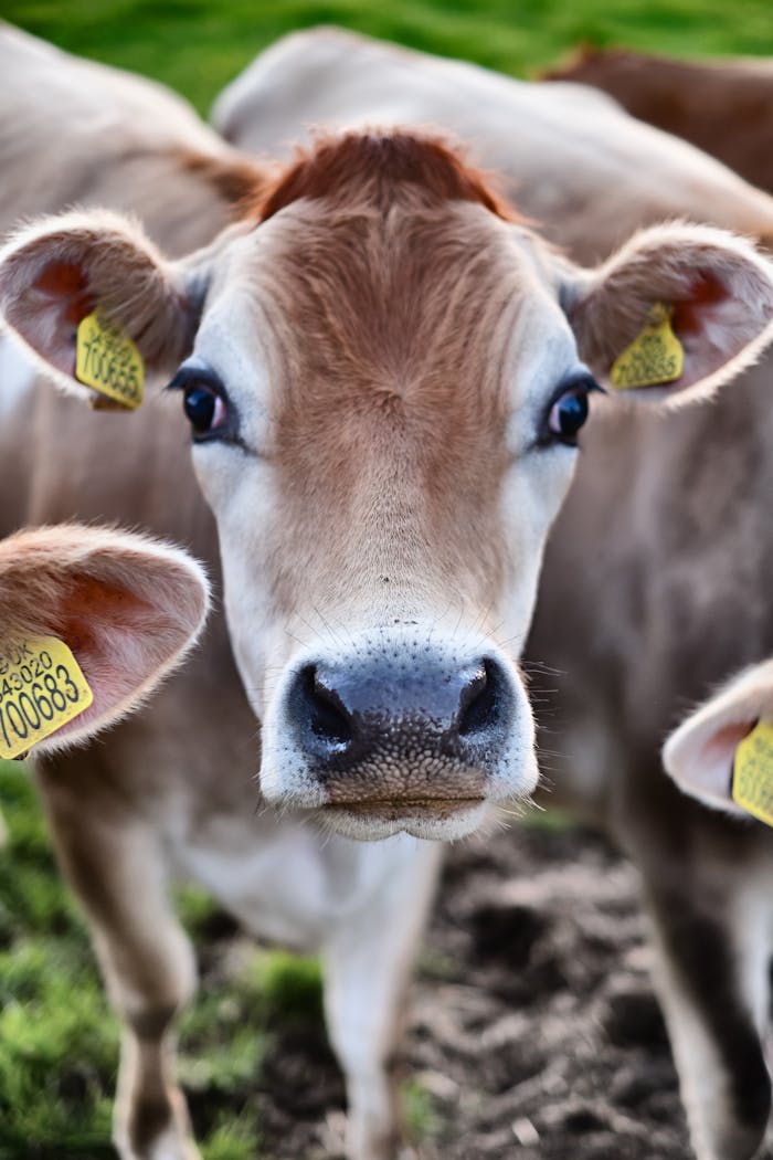 A close-up shot of a brown cow with ear tags standing on green grass, showcasing its curious gaze.